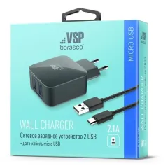 СЗУ Borasco 2.1A USBx2 + кабель microUSB черный