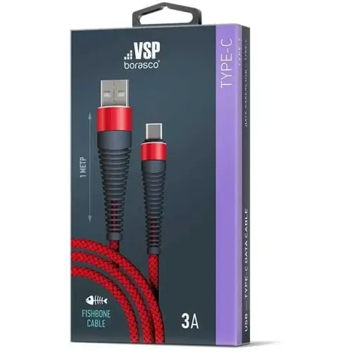 Кабель USB 2.0 A вилка - Type C 1 м Borasco 3А Fishbone усиленный красный
