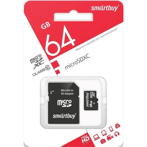 Карта micro-SD 64GB SMARTBUY Class10 LE +адаптер (SB64GBSDCL10-01LE)