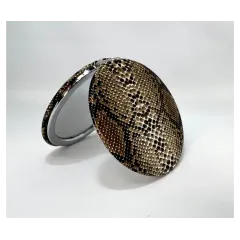 Зеркальце косметическое складное, экокожа, змея, круглое., коричневый/золотой/черный