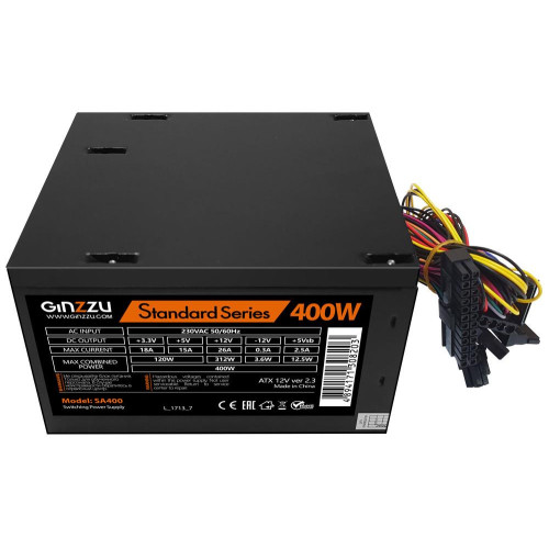 Блок питания Ginzzu SA400 ATX, 8cm fan, 20+4pin +4Pin, 2*SATA, 2*IDE Черный