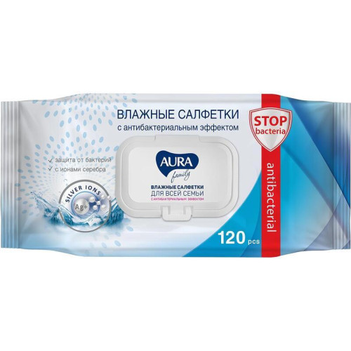 Салфетки влажн. AURA FAMILY антибактериальные, 120 шт.
