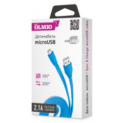 Кабель USB 2.0 A вилка - microUSB 1 м OLMIO 2.1A плоский синий