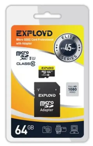 Карта micro-SD 64 GB EXPLOYD EX064GCSDXC10UHS-1-ElU1 w Class10 UHS-1 Elite+адаптер