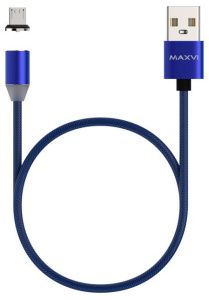 Кабель USB 2.0 A вилка - microUSB 1 м Maxvi магнитный нейлоновый синий