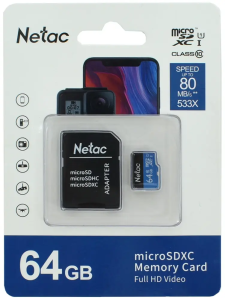 Карта micro-SD 64 GB Netac NT02P500STN-064G-R P500 + adapter Class10 