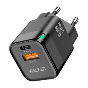 СЗУ WALKER 3А WH-42 GaN 20Вт, USB/Type-C, поддержка QC+PD, черное (*4)