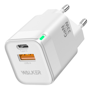 СЗУ WALKER 3А WH-43 GaN 33Вт, USB/Type-C, поддержка QC+PD, белое