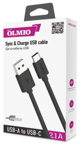 Кабель USB 2.0 A вилка - Type C 1 м OLMIO 2.1A черный