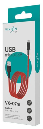 Кабель USB 2.0 A вилка - microUSB 1 м Vixion 2.4A VX-07m PRO красный