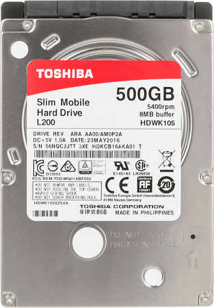 HDD 2,5" SATA 500Gb Toshiba HDWK105UZSVA L200 Slim (5400rpm) 8Mb