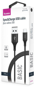 Кабель USB 2.0 A вилка - Type C 1.2 м Olmio 3А Basic текстильный черный