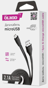 Кабель USB 2.0 A вилка - microUSB 1 м OLMIO 2.1A плоский черный