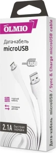 Кабель USB 2.0 A вилка - microUSB 1 м OLMIO 2.1A плоский белый