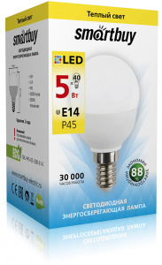Лампочка E14 светодиод. SMARTBUY Шар SBL-P45-05-30K-E14 теплый свет