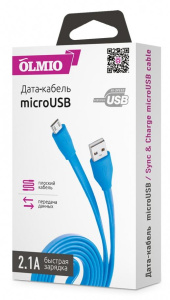 Кабель USB 2.0 A вилка - microUSB 1 м OLMIO 2.1A плоский синий