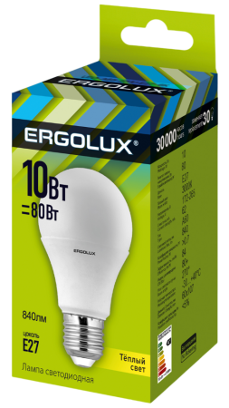 Лампочка E27 светодиод. Ergolux ЛОН LED-A60 Груша-10W-E27-3K 172-265ВТепл.
